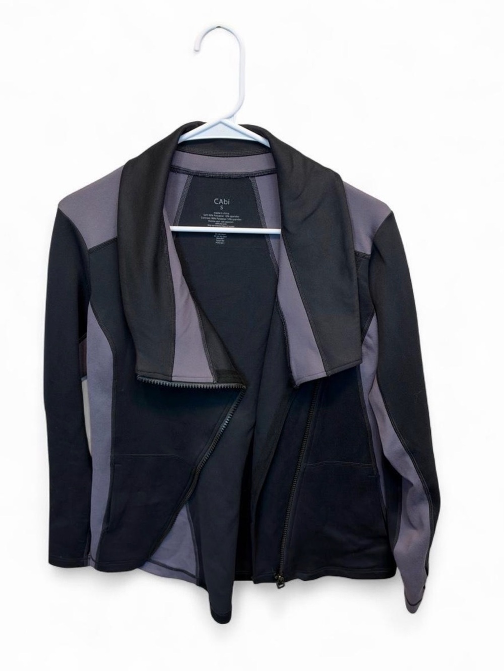 CAbi Black and Gray Panelled Asymmetrical Zip Blazer